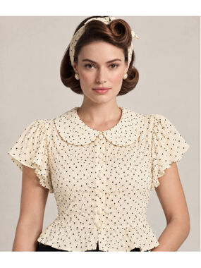 ModCloth Cream & Black Polka Dot Peter Pan Collar Blouse Size XL